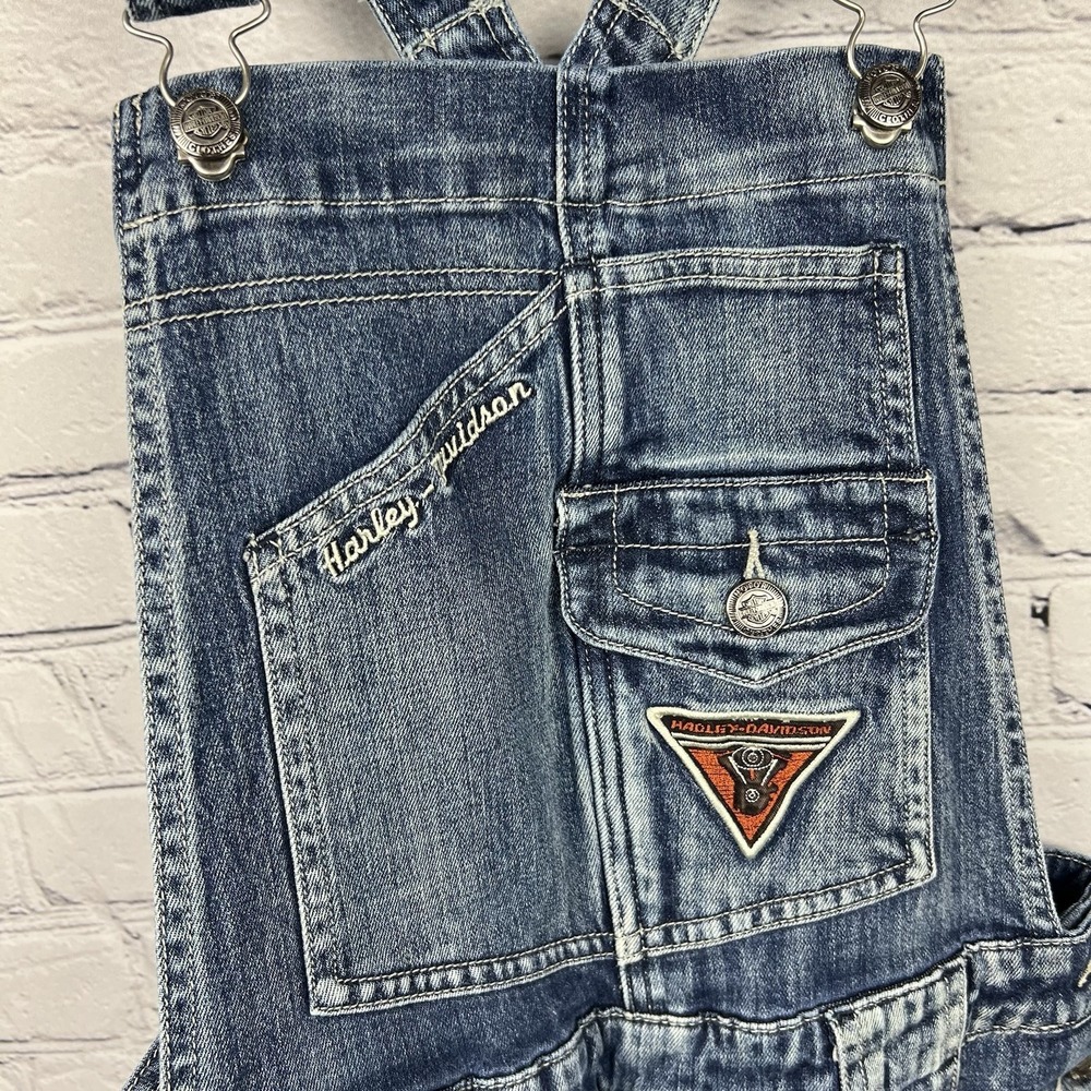 Harley Davidson Overalls Y2K Flare Leg Women's Sz 6 Patches Faded Logo Authentic - Picture 4 of 16
